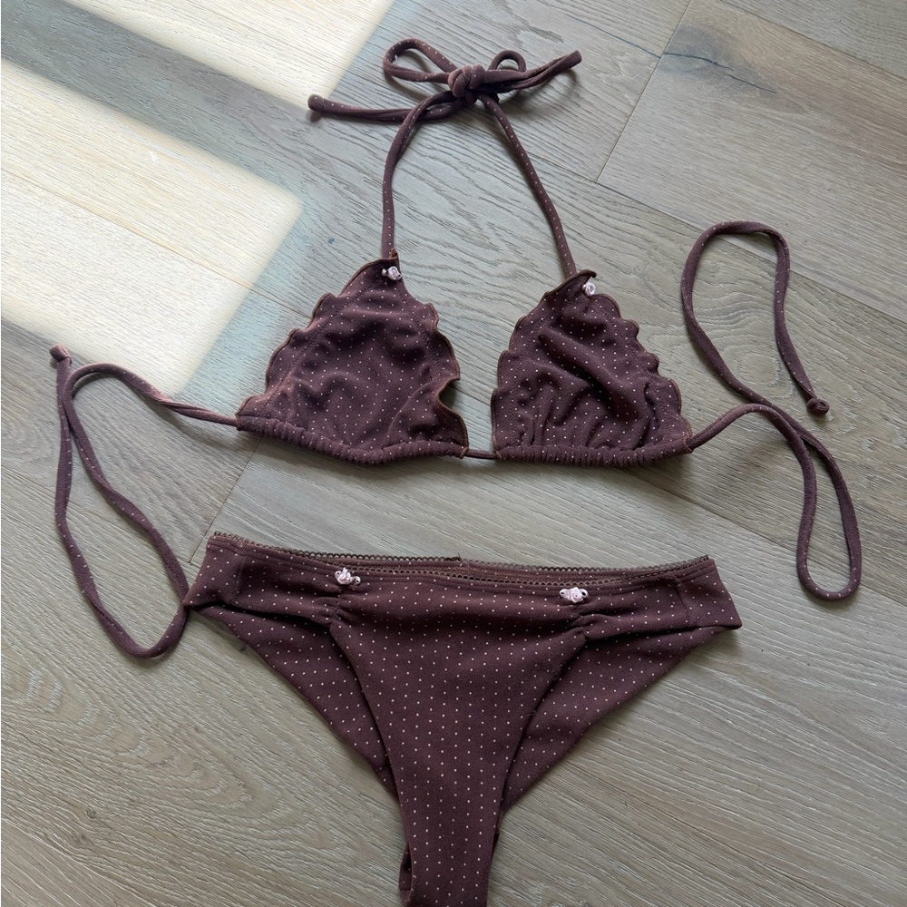 Frankie's Bikinis Brown Polka Dot Triangle String Bikini